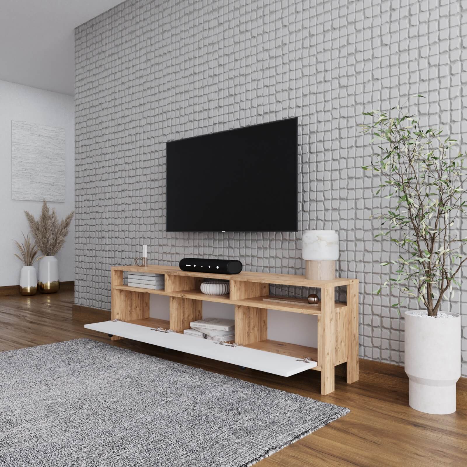 Ibiza TV Board 3 Türen mit Regalen Atlantic Pine & Weiß Zweitbild