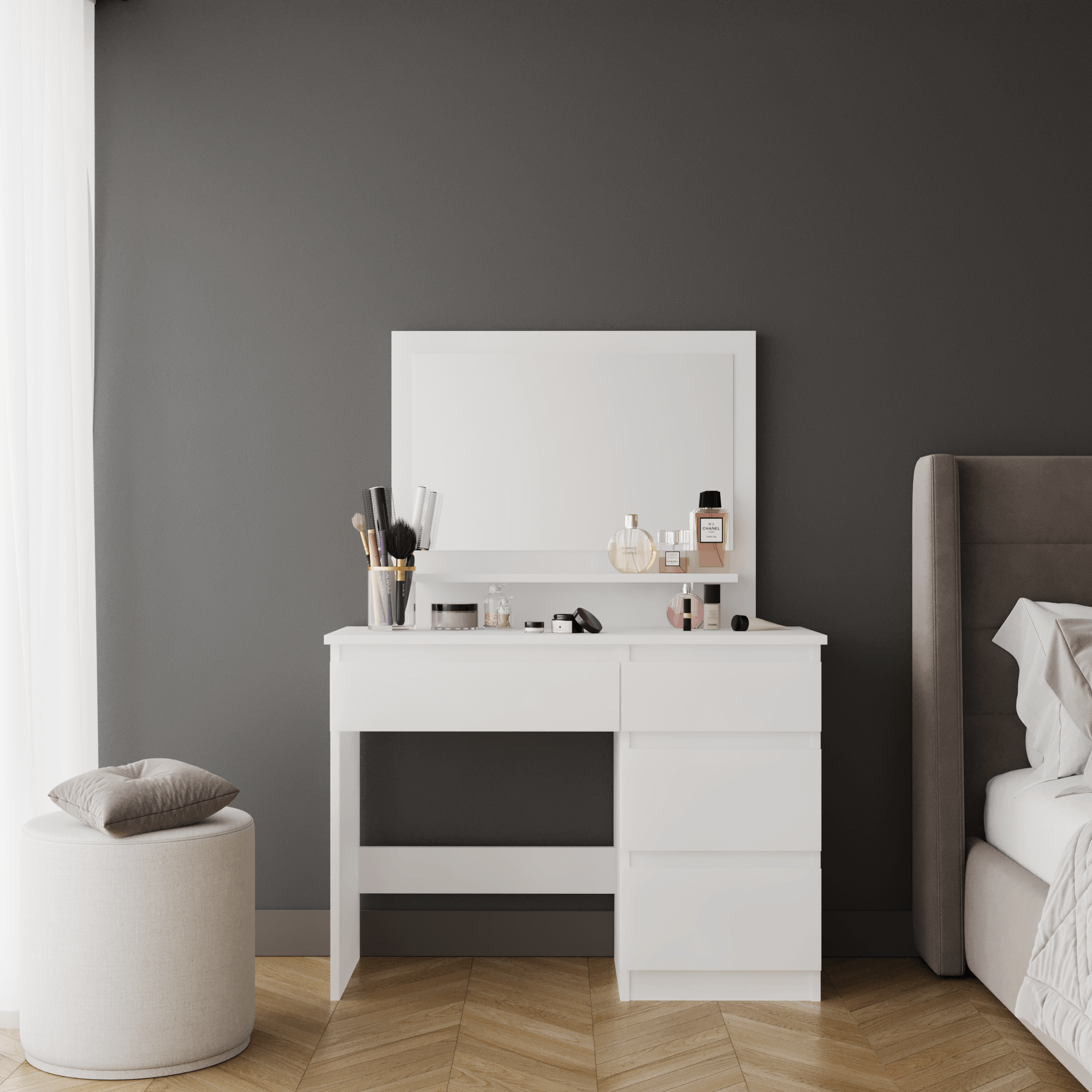 Duru Schminktisch mit Spiegel-Schubladen Elegant Weiß Holzdekor Secondary image