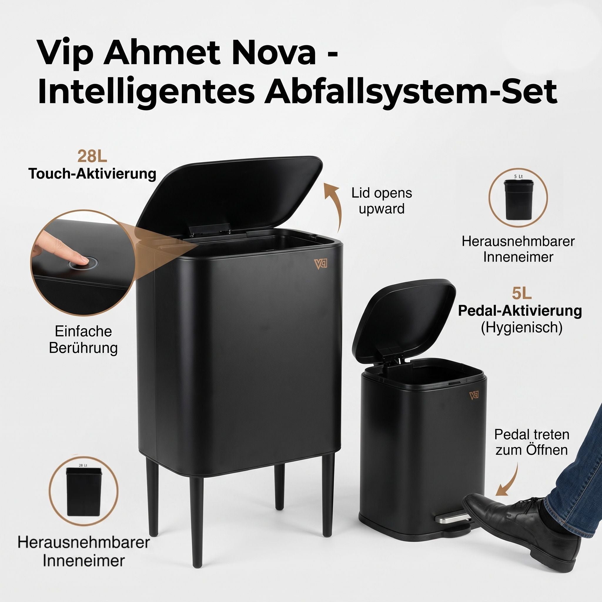 Vip Ahmet Nova Mülleimer-Set 28+5 L Touch/Pedal Mattschwarz Zweitbild