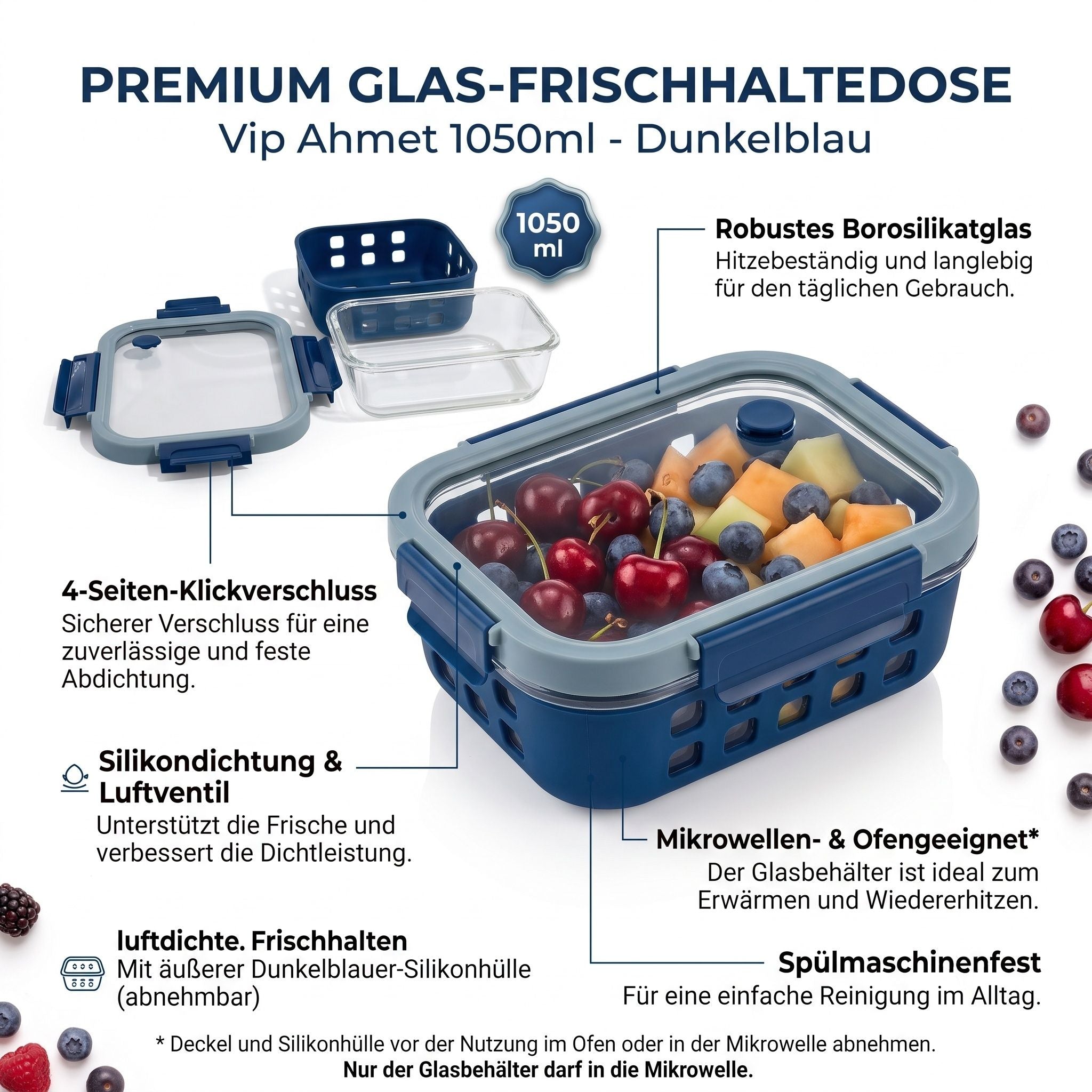 Vip Ahmet Glas-Frischhaltedose, 1050 ml, Blau, luftdicht Secondary image