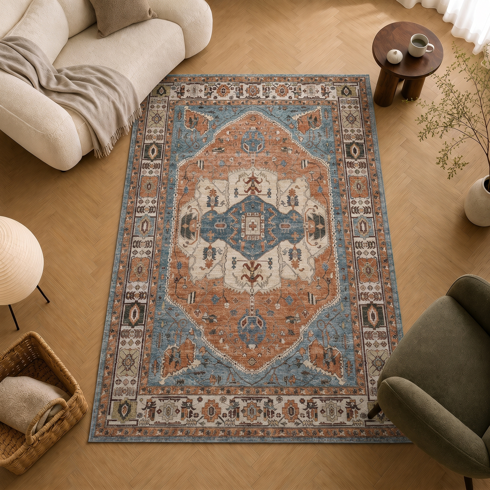 Mandala Vintage-Teppich, Blau-Terrakotta, waschbarr, 3 mm Secondary image