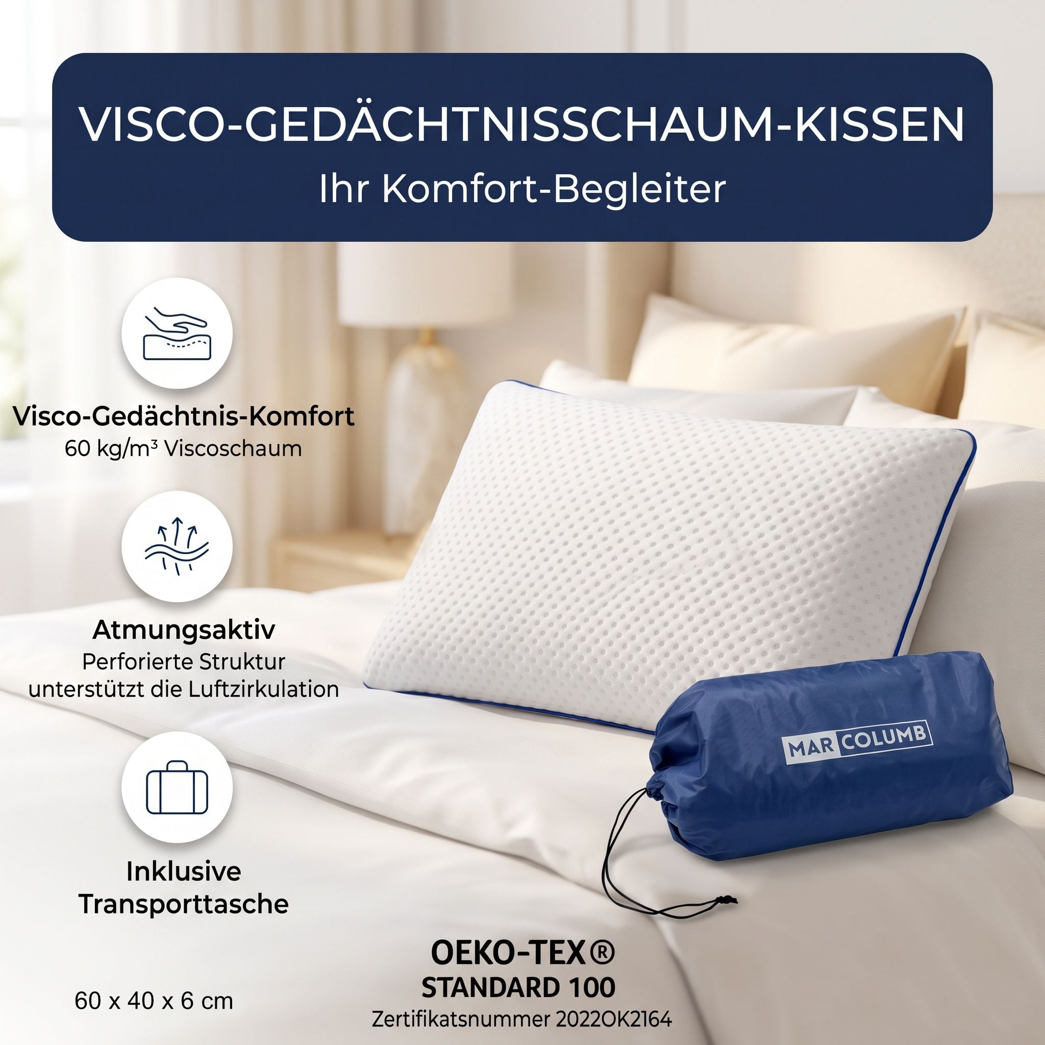 MARCOLUMB Kinderkissen Memory Foam 60 x 40 x 6 cm mit Tragetasche Zweitbild